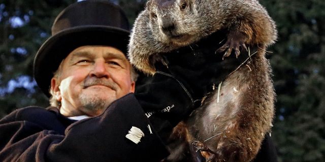 Punxsutawney+Phil+the+famous+Groundhog+and+groundhog+handler+John+Griffiths.