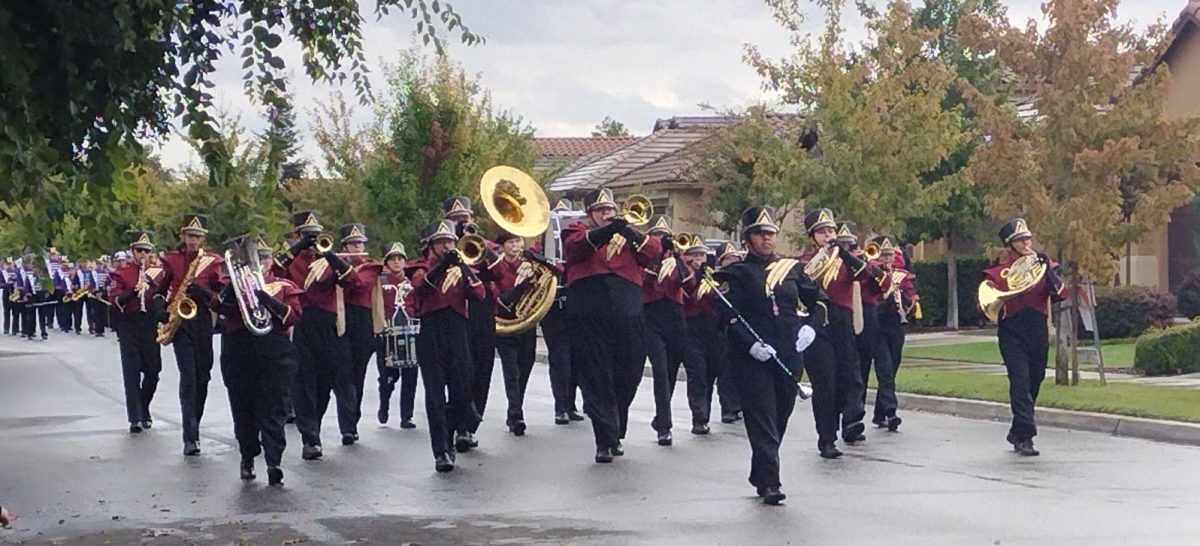 Los Banos High School Band march during Pitman competition.