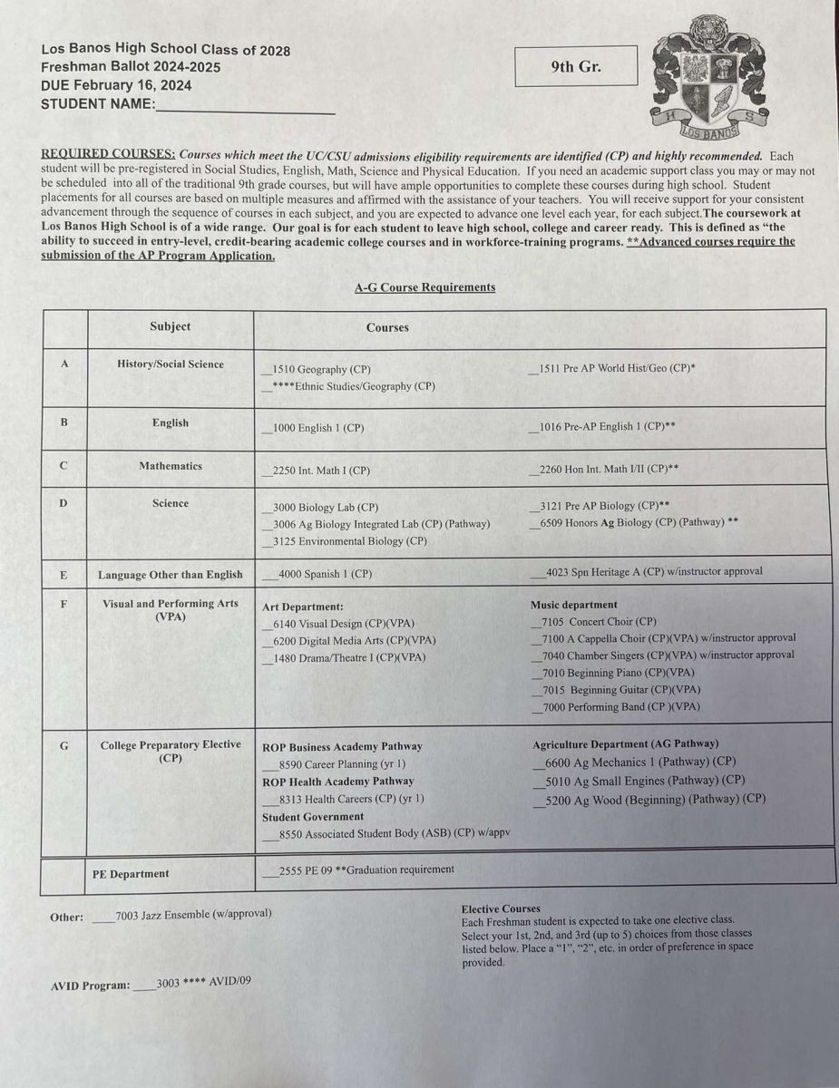 Sample ballot sheet for upcoming 9th graders.