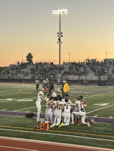 Tigers quickly huddle before the game starts. 
