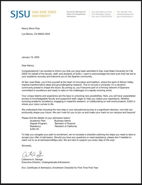 Nancy Miron's admission letter from San Jose State University.