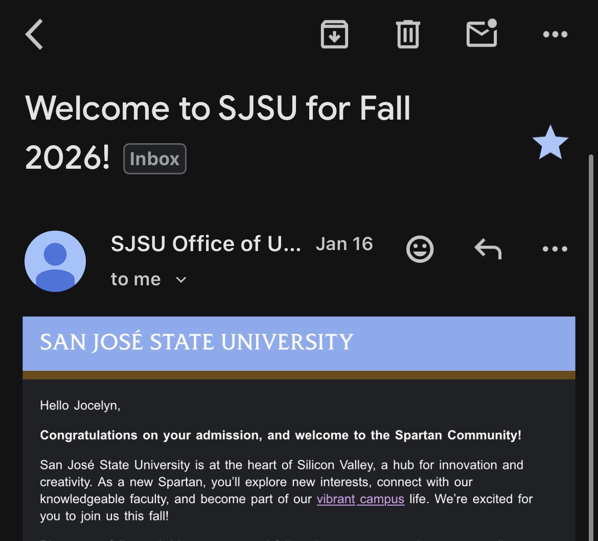 Admission email to San Jose State University.